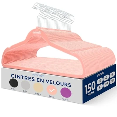 Afbeelding van SereneLife Kleerhangers, van fluweel, antislip, dun en robuust, met metalen haak, 360 graden draaibaar, belastbaar tot 4,5 kg, voor jassen, broeken jurken, 150 stuks