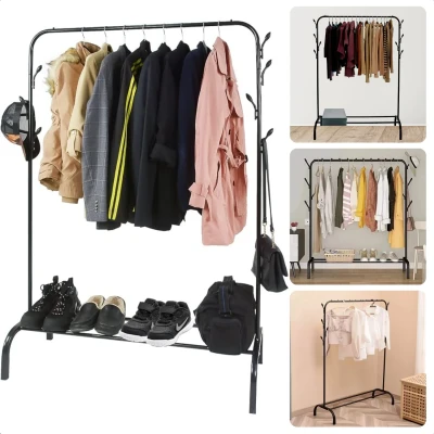 Afbeelding van Cheqo® Garderoberek Met Kapstok en Schoenenrek Metalen Kledingrek 110x40x150 cm Zwart Haken Opbergruimte voor Schoenen