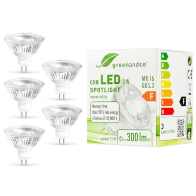 Afbeelding van 5x greenandco® LED Spot MR16 GU5.3 3W vervangt 35W 300lm 2700K warm wit COB 38 12V AC/DC niet dimbaar