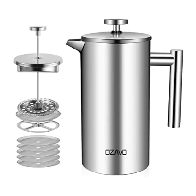Afbeelding van OZAVO koffiezetapparaat 1L French Press RVS thermoskan met 5 filters dubbelwandig geïsoleerd systeem tweelaagse opbouw 1000ML