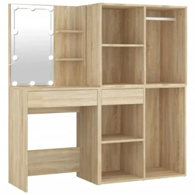 Afbeelding van Kaptafel Met 2Kastjes En Led&#039;s Bewerkt Hout Sonoma Eikenkleurig