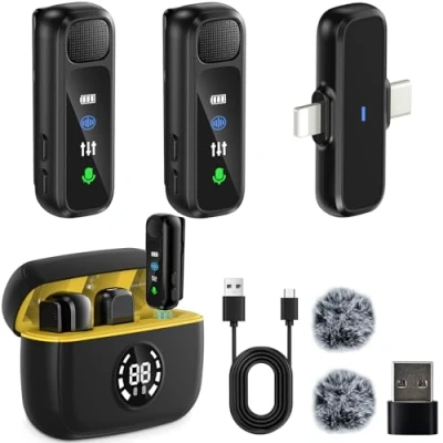 Afbeelding van LIUWID Lavalier draadloze microfoon, vlog mini microfoon met digitaal display, oplaadbox, ruisonderdrukking, 3 in 1 voor video opname (geel)
