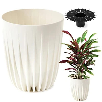 Afbeelding van Konzept 11 Bloempot, hoog, 39 cm diameter, grote pot voor buiten, balkon, bloempot met inzetstuk, wit, palmboom