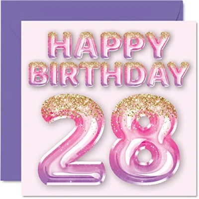 Afbeelding van Stuff4 Verjaardagskaart voor vrouwen, 28 jaar, roze en paarse glitterballonnen, verjaardagskaarten meisjes, zus, tante, neef, 145 mm x