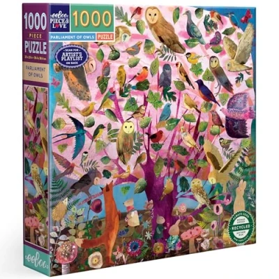 Afbeelding van eeBoo Parliament of Owls gerecycled karton kleurrijke puzzel 1000 stukjes afmetingen 58,5 cm kant, PZTOWL