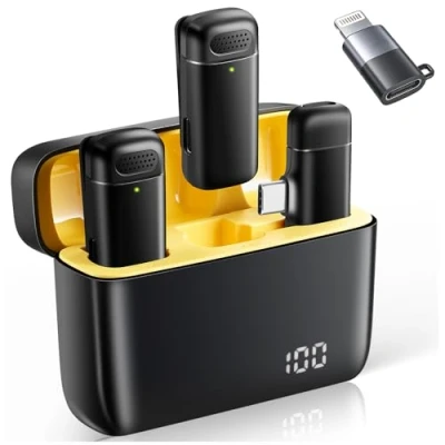 Afbeelding van VOVIGGOL Set van 2 draadloze stropdasmicrofoons voor iPhone, iPad, Android met 400 mAh oplaadcase, mini microfoon revers YouTube video opname, live streaming, TikTok, vlog,