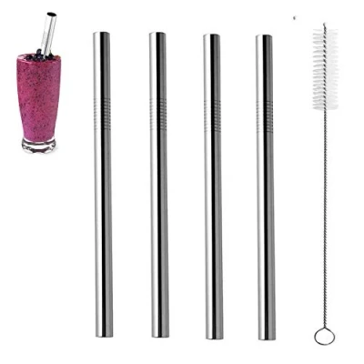 Afbeelding van ZhaoCo Rietjes van roestvrij staal, 20 cm, 4 stuks, herbruikbaar, wasbaar, metalen rietjes, met 1 reinigingsborstel voor smoothie, milkshake, cocktails, warme dranken, x recht
