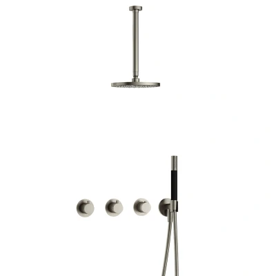 Afbeelding van Hotbath Cobber Regendoucheset IBS70 Geborsteld Nikkel Staaf handdouche 20cm Hoofddouche 30cm Plafondbuis Handouche met wandhouder