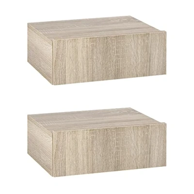 Afbeelding van HOMCOM set van 2 Nachtkastjes voor wandmontage, nachtkastjes, uittrekbare lade, spaanplaat, licht eiken look
