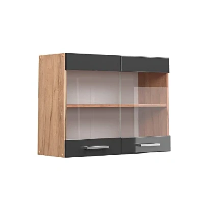 Afbeelding van Vicco Glazen keukenkast R Line, Antraciet Hoogglans/Bruin, 80 cm