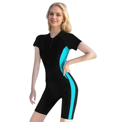 Afbeelding van BEACHKINI Maillots de bain Maillot une pièce Boyleg pour femmes à manches courtes avec fermeture éclair sur le devant,62 bleu noir,XL