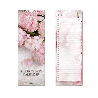 Afbeelding van Verjaardagskalender pioenroos I 105 x 297 mm voortdurend onafhankelijk van het jaar roze bloemen met ophanging permanente kalender voor vrouwen tr_040