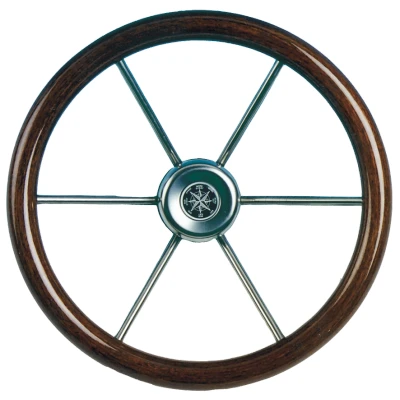 Afbeelding van 6 spaaks stuurwiel leader wood rvs met mahoniehouten rand a=550mm b=100mm