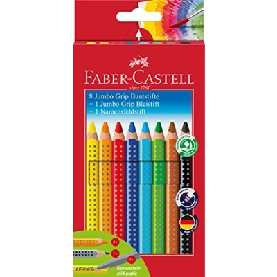 Image de FABER CASTELL crayons de couleur JUMBO GRIP, étui 8+1+1 8 GRIP + 1 crayon avec champ d&#039;identification, triangu