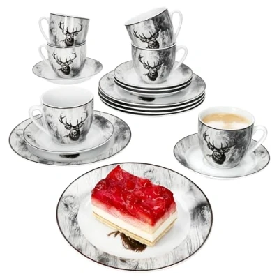 Afbeelding van MamboCat Alois Koffieservies 18 delig, wit porseleinen servies met hertenmotief voor 6 personen, kopjes à 200 ml, schoteltjes en borden ontbijt koffie