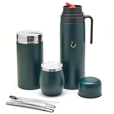 Afbeelding van Complete Yerba Mate Set moderne Kalebas, Thermoskan, container, twee pompons en schoonmaakborstel inbegrepen alles premium kwaliteit 304 18/8 roestvrij staal (GOUD)