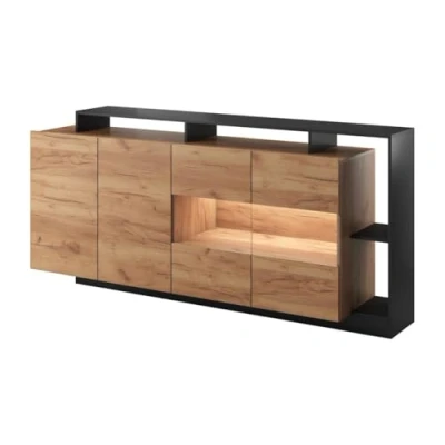Afbeelding van Buffetkast met 4 deuren en nissen ledverlichting Licht naturel antraciet IDESIA L 200 cm x H 92.8 D 43.6