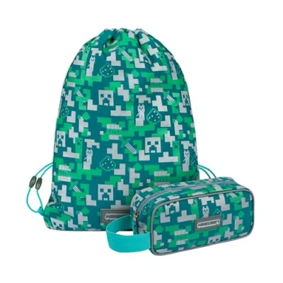 Afbeelding van Baagl Minecraft 2 delig etui en gymtas voor jongens meisjes, schooltas, gymtas, etui, schoenentas, tieners kinderen, Silver Creeper, Pennenetui