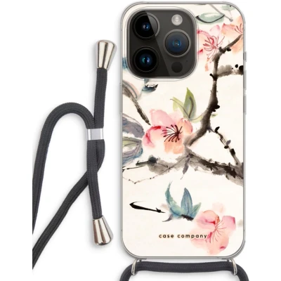 Afbeelding van Case Company® hoesje met Koord geschikt voor iPhone 14 Pro Japanse bloemen Telefoonhoesje Zwart Extra Bescherming aan alle Kanten en Over de Schermrand