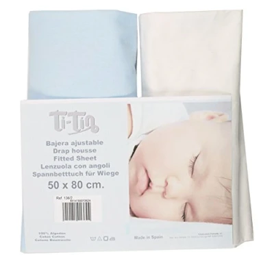 Image de Lot de 2 draps housses 100% coton ajustables 50 x 80 cm Pour nacelle, matelas, couffin ou mini berceau Couleur blanc et bleu ciel Respirant facile d&#039;entretien