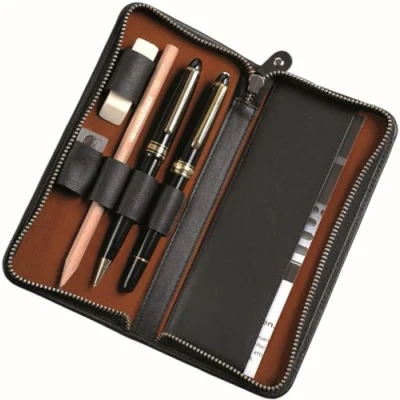 Afbeelding van Pennenetui voor 3 stuks zwart leer met ritssluiting 17,5 x 8 2,5 cm.