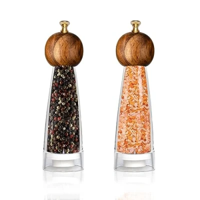 Afbeelding van VEIZIBEE Set van 2 klassieke handmatige peper en zoutmolens transparant acryl, 20,3 cm, massief hout, keramische kern met verstelbare grove molen voor verschillende verse specerijen