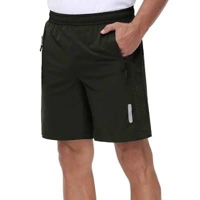 Afbeelding van Rvinroo Sportshorts voor heren, sneldrogend, ademende hardloopshorts met ritszak, Militair Groen, M