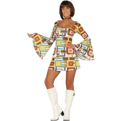 Afbeelding van FIESTAS GUIRCA Groovy discokostuum voor dames, korte jurk uit de jaren 70, 60 kostuum maat S 36 tot 38