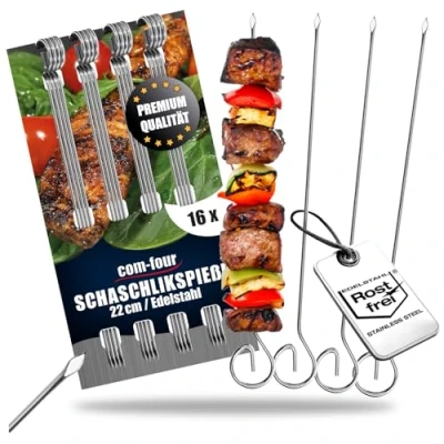 Afbeelding van com four® 16 x shish kebab spiesen 22 cm van roestvrij staal lange vleesspiesen premium grillspiesen, barbecue, grill, vlees, (22 stuks)