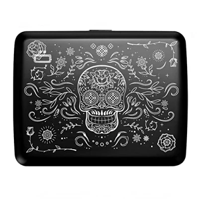 Afbeelding van OGON Smart Case V2 aluminium portemonnee, groot formaat identiteitskaart, rijbewijs, verborgen vak voor munten, RFID bescherming, capaciteit 10 kaarten, Muertos gravure, Minimalistisch