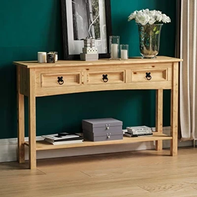 Afbeelding van Vida Designs Corona consoletafel met 3 laden plank van massief grenen