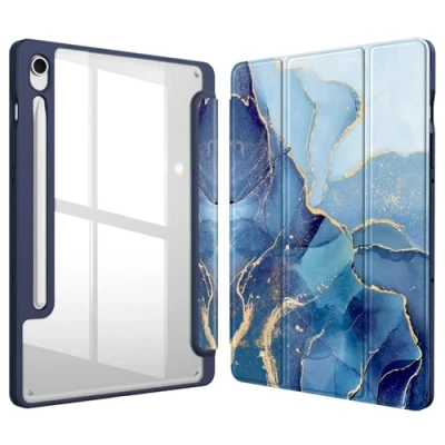 Afbeelding van FINTIE Dunne hybride hoes voor Samsung Galaxy Tab S9 FE 5G 10,9 inch/Galaxy 11 inch 2023 met S penhouder, transparante achterkant, automatische slaap /waakfunctie, oceaanmarmer