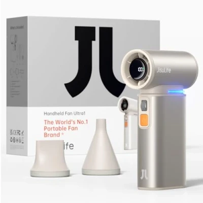 Afbeelding van JISULIFE 2 in 1 mini ventilator met Air Duster functie, krachtige reisventilator, kleine elegante mentale ventilator, handventilator, 100 snelheden, led display, bruin