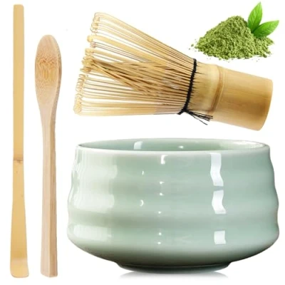 Afbeelding van matcha theeset met garde, keramische kom, 2 theelepels, Japanse accessoires voor de ceremonie, perfecte set bereiding