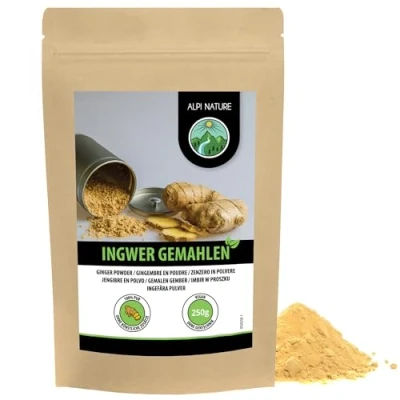 Afbeelding van Gemberpoeder (250 g), gemalen gember, 100% natuurlijk, licht gedroogd en gemalen, zonder additieven, veganistisch, gemberwortel