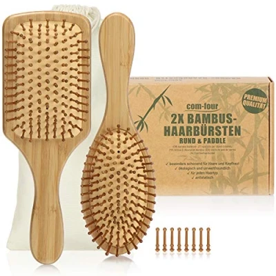 Afbeelding van Set van 2 natuurlijke haarborstels bamboe, peddelborstels met natuurlijk haar voor mooi haar, mannen, vrouwen, kinderen, 100% veganistisch (2 stuks multifunctionele borstelharen + peddelborstels)