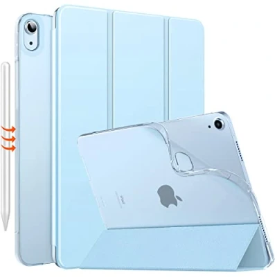 Afbeelding van MoKo beschermhoes compatibel met iPad Air 5e / 4e generatie 2022/2020, 10.9 2020, drievoudig gevouwen van zachte TPU, transparante achterkant [iPencil draadloze lader), hemelsblauw