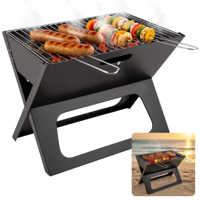 Afbeelding van Cheqo Draagbare Houtskool Barbecue Opvouwbare BBQ Grill Tafelbarbecue voor Buiten Inklapbare Camping Compacte Zwart Design Tuinbarbecue