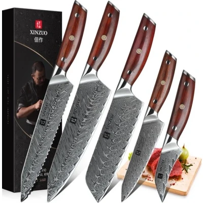 Afbeelding van Luxe en Professionele 5 delige Keukenmessen set van Damascus Staal (67 lagen, VG10) Rozenhouten handgrepen Xinzuo B27 Yi Koksmes + Broodmes Santokumes Groentemes Schilmes