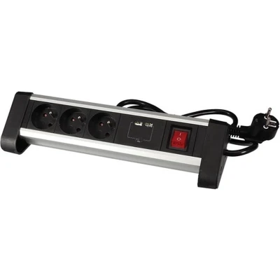 Afbeelding van Perel desktop contactdoos met 3 stopcontacten, 2 USB poorten en schakelaar, zwart, voor België