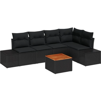 Afbeelding van vidaXL 6 delige Tuinbank Set met Kussens Zwart Poly Rattan Acacia