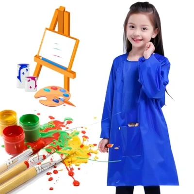 Afbeelding van HomeDejavu Schilderschort voor kinderen, schort, kindermouwen, met zakken, blouse, schilderen, waterdicht, lange mouwen, school, activiteiten, schilderen (6 10