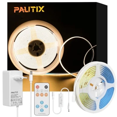 Afbeelding van PAUTIX COB Ledstrip, warm wit, 2700 K, 2 m, 480 leds/m, dimbaar, 24 V, flexibel, met RF afstandsbediening en voeding, CRI90+, helder, voor woondecoratie