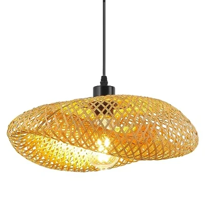Afbeelding van Lampenkap Haaklamp, Licht Stro Retro Hoed Hanglamp Creatieve Eettafel Hout Weven voor Restaurant, Theesalon, Slaapkamer