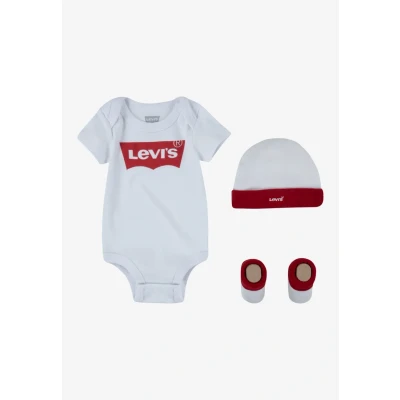 Afbeelding van Levi&#039;s JongensMeisjes Giftset met romper slofjes en mutsje 3 delig in de kleur Wit, maat: 68