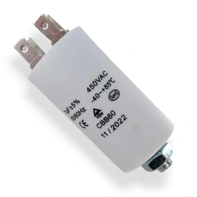 Afbeelding van DL pro Universele motorcondensator 7µF 450V Ø 30 x 57 mm met 6,3 AMP aansluitingen en bevestigingsschroef M8 CBB60 startcondensator voor apparaten