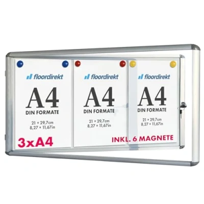 Afbeelding van Floordirekt 3 x A4 vitrine met 6 magneten, magnetisch en beschrijfbaar achterpaneel, aluminium frame acrylglas