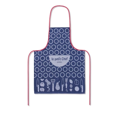 Afbeelding van Opinel schort motief origineel retro chic en decalé van katoen gemaakt in Frankrijk, Blauw/Rood