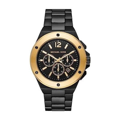 Afbeelding van Michael Kors Lennox Herenhorloge, chronograaf, kwarts, met roestvrijstalen of leren band, Zwart en gouden toon, MK8941