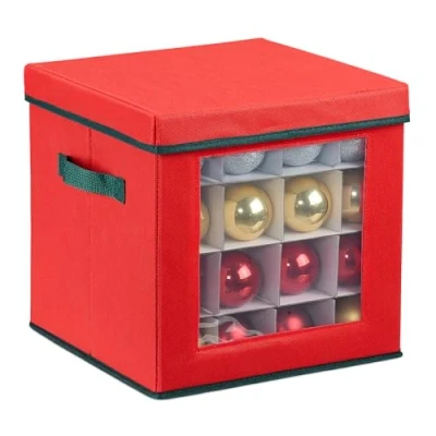 Afbeelding van Relaxdays kerstballen opbergbox voor 64 ballen 30x30x30 cm handgreep rood groen